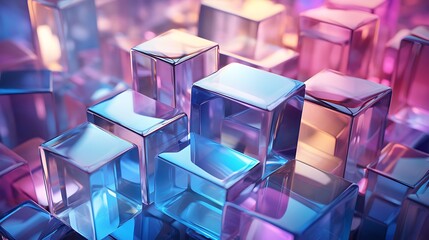 Abstract of Shiny Transparent Blue and Pink Cubes Arranged in Grid Formation