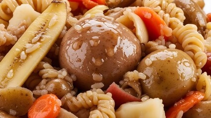 Close-up of Wasted Cooked Food. Mixed Scraps, Pasta, and Vegetables Ready for Disposal.