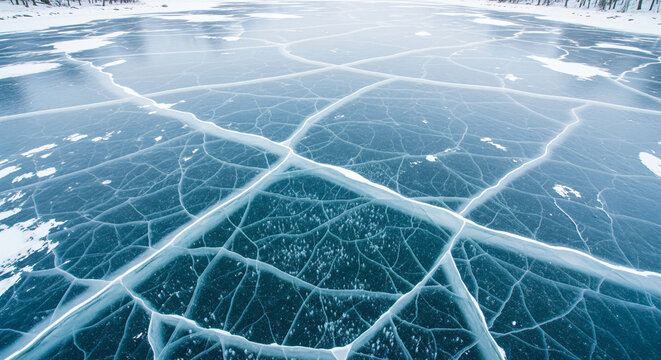 Blue ice and cracks on the surface of the ice. Frozen lake under a blue sky in the winter.