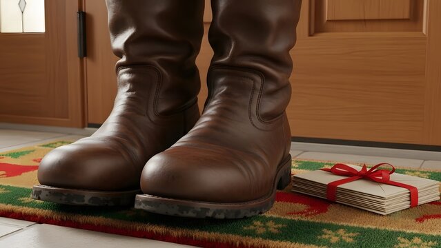 Close-up of large brown boots standing on a Christmas-themed doormat beside a neatly tied stack of holiday envelopes with a red ribbon, creating a warm festive atmosphere. - Powered by Adobe