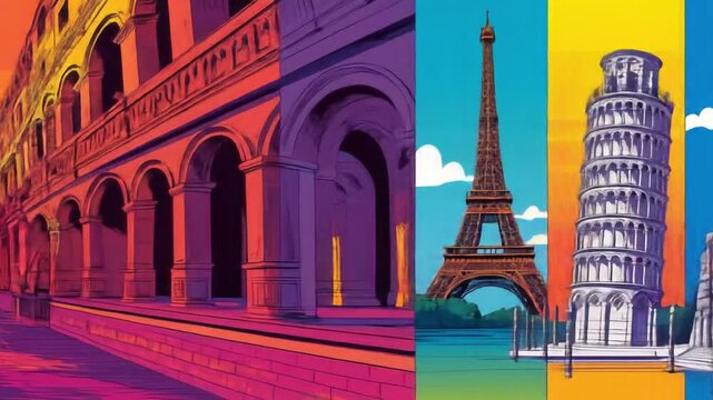 Vivid, kaleidoscopic street scene blending Paris arches with a stylized Eiffel Tower in vibrant hue