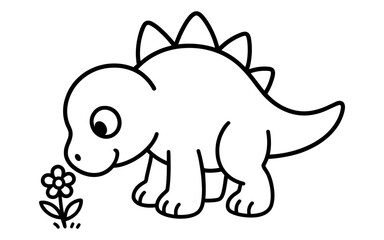 Fototapeta premium Cute dinosaur looking at flower outline – adorable black and white cartoon design for kids