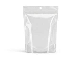 Clear stand-up pouch mockup with zip-lock seal on white background
