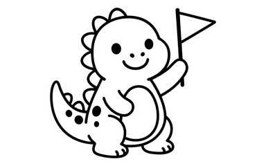 Fototapeta premium Cute dinosaur holding flag in simple line art style