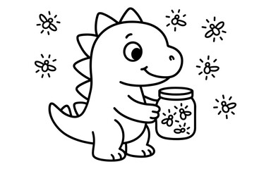 Cute dinosaur holding a jar of fireflies in playful cartoon style