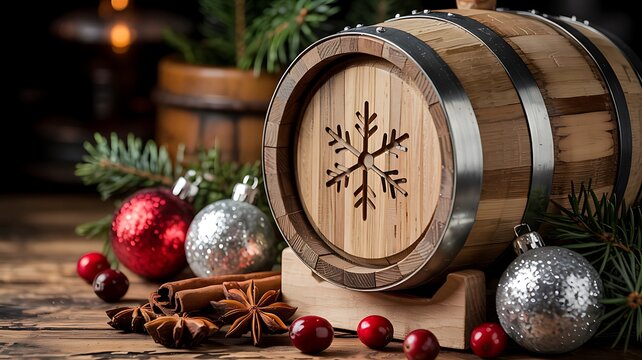 Rustic wooden barrel with carved snowflake decoration surrounded by festive christmas ornaments and evergreen branches on a wooden surface