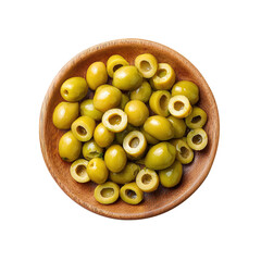 Pickled olives slices in a wooden bowl, isolated on white background. Top view