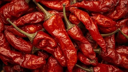 Realistic close-up of dried chili peppers with vibrant red color and texture.