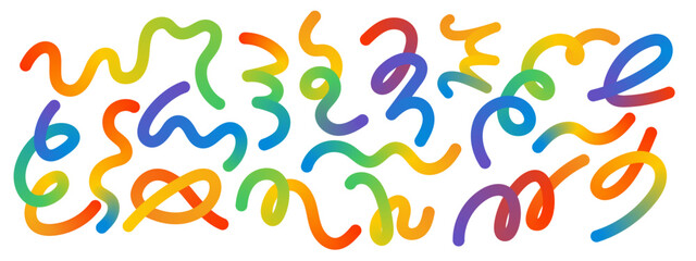 Abstract rainbow squiggle lines. Bright gradient doodle strokes with fluid color and playful waves.