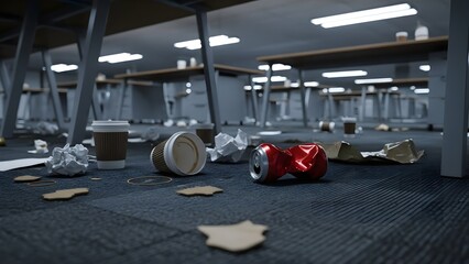 Messy office floor with trash, discarded coffee cups, and crumpled paper.