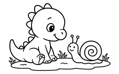 Obraz premium Cute cartoon dinosaur and snail coloring page for kids