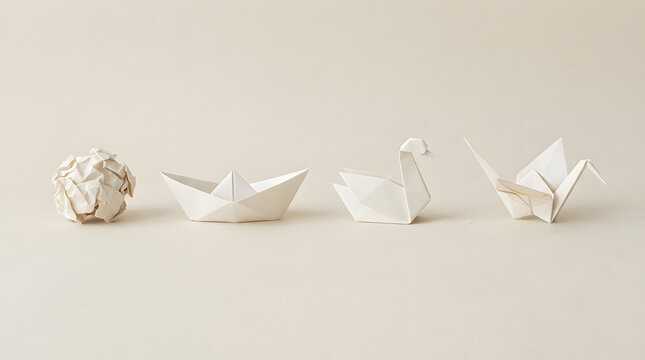Origami paper transforming from crumple to bird