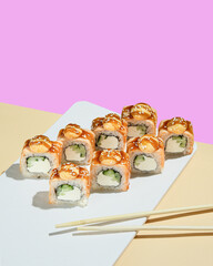 Delicious sushi presentation, Artistic display of sushi dishes