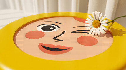 Yellow circular object with a cartoon face and a daisy