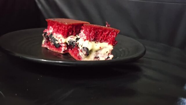 chocolate cake with strawberries,Martabak manis red velvet with black cookies and cheese filling.Sweet Indonesian pancake filled with black cookies and cheese.Sweet red velvet martabak,Terang bulan 