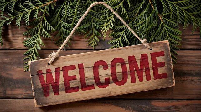 Rustic wooden welcome sign with red lettering hangs from twine against a backdrop of evergreen branches and weathered wood planks