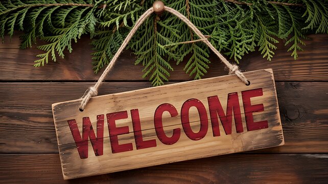 Rustic wooden welcome sign with evergreen branches hanging on a weathered wood plank wall for a cozy seasonal greeting