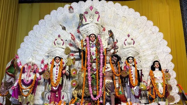 Subho mahalaya, Video of an handmade colorful idol of Goddess Durga  installed in decorated colorful Pandal during navratri festival. 