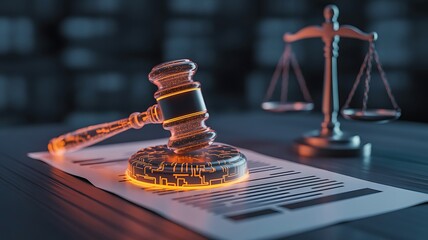 Symbolic image of a glowing wooden gavel resting on legal documents with the scales of justice in the background representing law and order