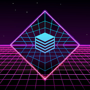 Retro grid landscape with neon pyramid and abstract cube symbol