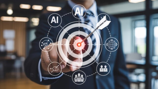 Business professional successfully achieving a precise digital marketing objective with artificial intelligence integration