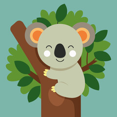 Cute cartoon koala bear sitting happily in a leafy tree branch