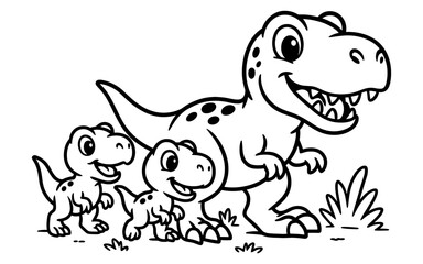 Obraz premium Fun cartoon dinosaur family walking together in black and white style