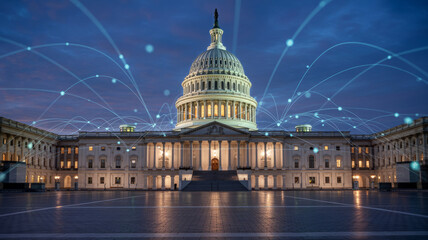 United states capitol building at night with digital network overlay