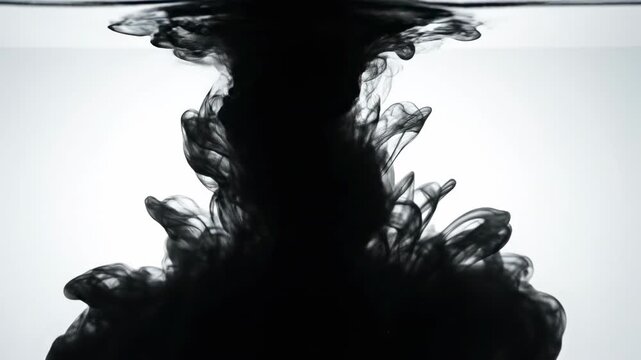 Dramatic slow motion close-up of thick black liquid ink swirling and spiraling rapidly downward in clear water creating smoky abstract patterns concept, turning, flowing