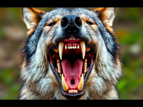 A wolf bares its teeth in a wide, unsettling grin, revealing sharp canines, conveying primal ferocity and wildness,  instinct,  wild animal