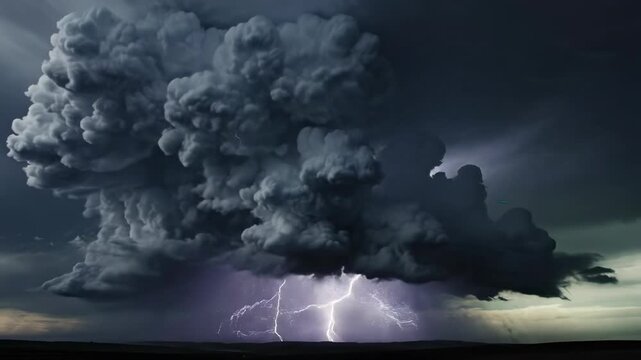 Dramatic time-lapse shot of large, dark cumulonimbus storm clouds rapidly swirling and boiling across a brooding sky suggesting impending severe weather impending, clouds, movement