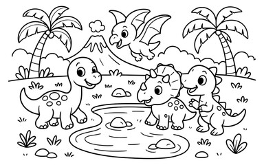 Fototapeta premium Cute dinosaur coloring page for kids with playful prehistoric scene