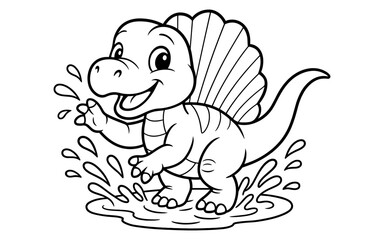Fototapeta premium Cute dinosaur splashing in water: fun and playful cartoon line art for kids