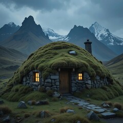 A cozy Icelandic turf house built into a grassy hillside