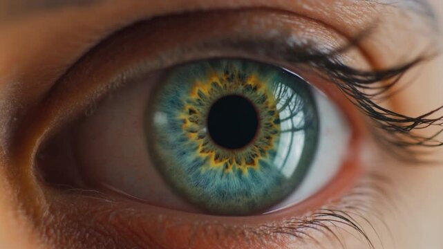 Close-up of a mesmerizing human eye, showcasing the intricate details of a vibrant blue-green iris reflecting light, symbolizing clarity, vision, and depth of perception