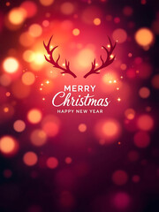 Minimalist Christmas greeting card design featuring deep red bokeh background and stylized reindeer antlers silhouette