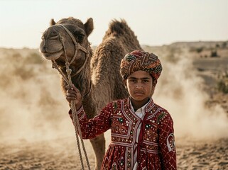 Young Indian Boy In Traditional Rajasthani Dress Standing With Camel In Desert Landscape