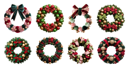 PNG Festive wreaths with colorful bows, element set on transparent background