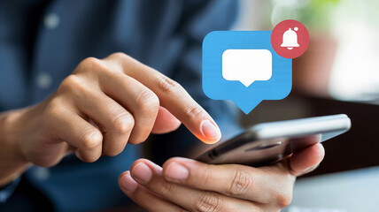 Person using a smartphone with a notification icon