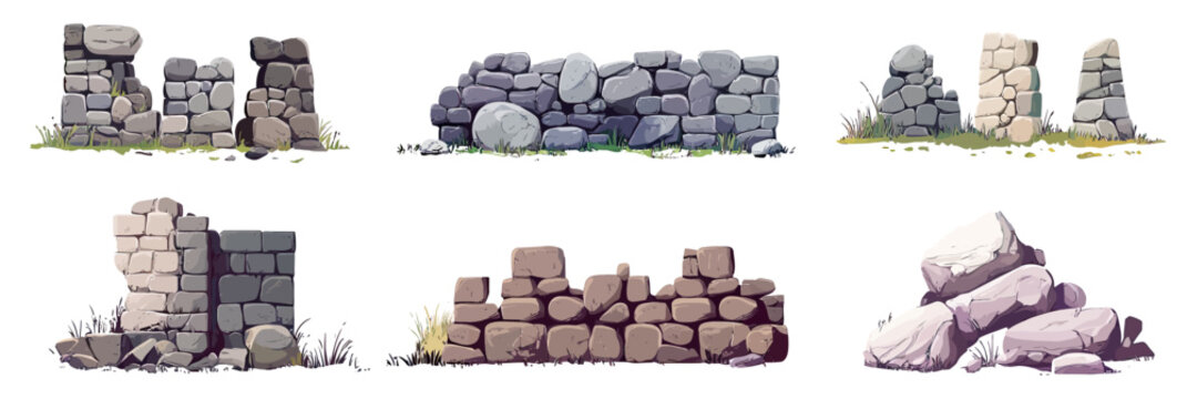 Cartoon set of ancient stone walls and ruins with broken brick fences, old rock towers, rubble piles, and grass in flat minimalist vector style