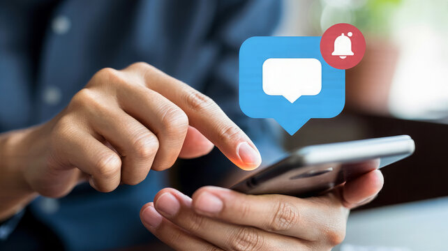 Person using a smartphone with a notification icon