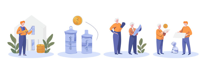Flat minimalist illustration of diverse people investing and saving money for retirement pension fund, financial planning for future savings and health investment concept