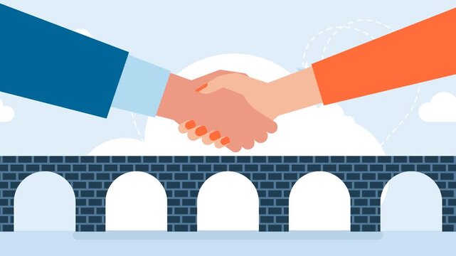 Hand shaking meeting agreement. Conclusion of contract. Women's and men's hands. Handshake man, woman on bridge. Handshake of business people partners businessmen and businesswomen. 2d flat animation