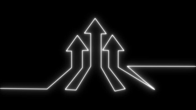 Glowing white neon arrows converging and diverging on black background representing growth progress success direction and strategy abstract motion graphic