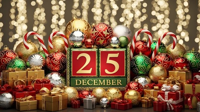 Bright Holiday Scene December 25 Calendar Block with Festive Ornaments and Wrapped Gifts