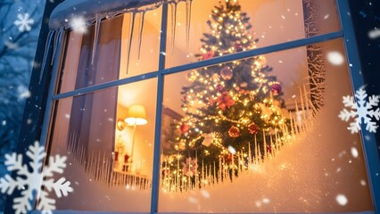 A warm and cozy Christmas scene viewed through a frosty window, featuring a glowing Christmas tree decorated with lights and ornaments inside a snowy winter home.