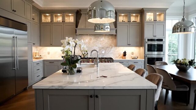 Luxury Modern Kitchen Island with Marble Countertop and Island Keys.