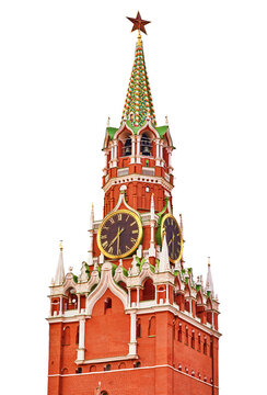 The main clock of the Moscow Kremlin, the Chimes, on Red Square, and the Spasskaya Tower. On an isolated   background with a clipping path and no shadows. Close-up.  Transparent background.	