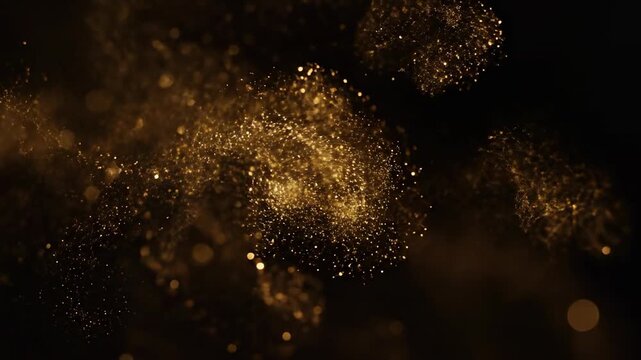 Elegant slow motion macro shot of shimmering gold particle light trails drifting and dissolving gracefully across a deep black void background soft focus, glitter, glowing