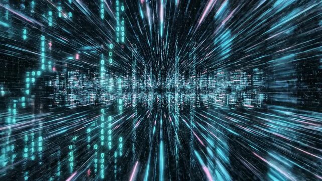 Dynamic technological background composed of rapidly shifting binary code and complex abstract electronic grid patterns creating visual static noise VFX element, speed, digital chaos